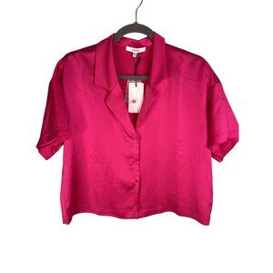 RO+DE Women's Hot Pink Satin Short Sleeve Button Down Blouse NWT Large